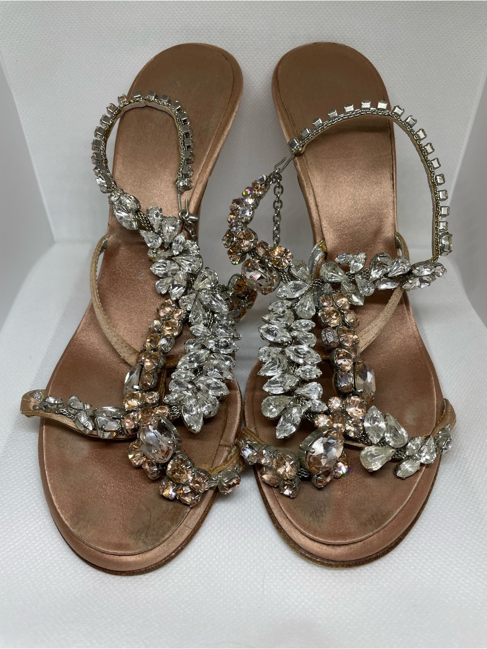 Rhinestone Embellished Rose Gold T-Strap Sandals-Statement Crystal Heels